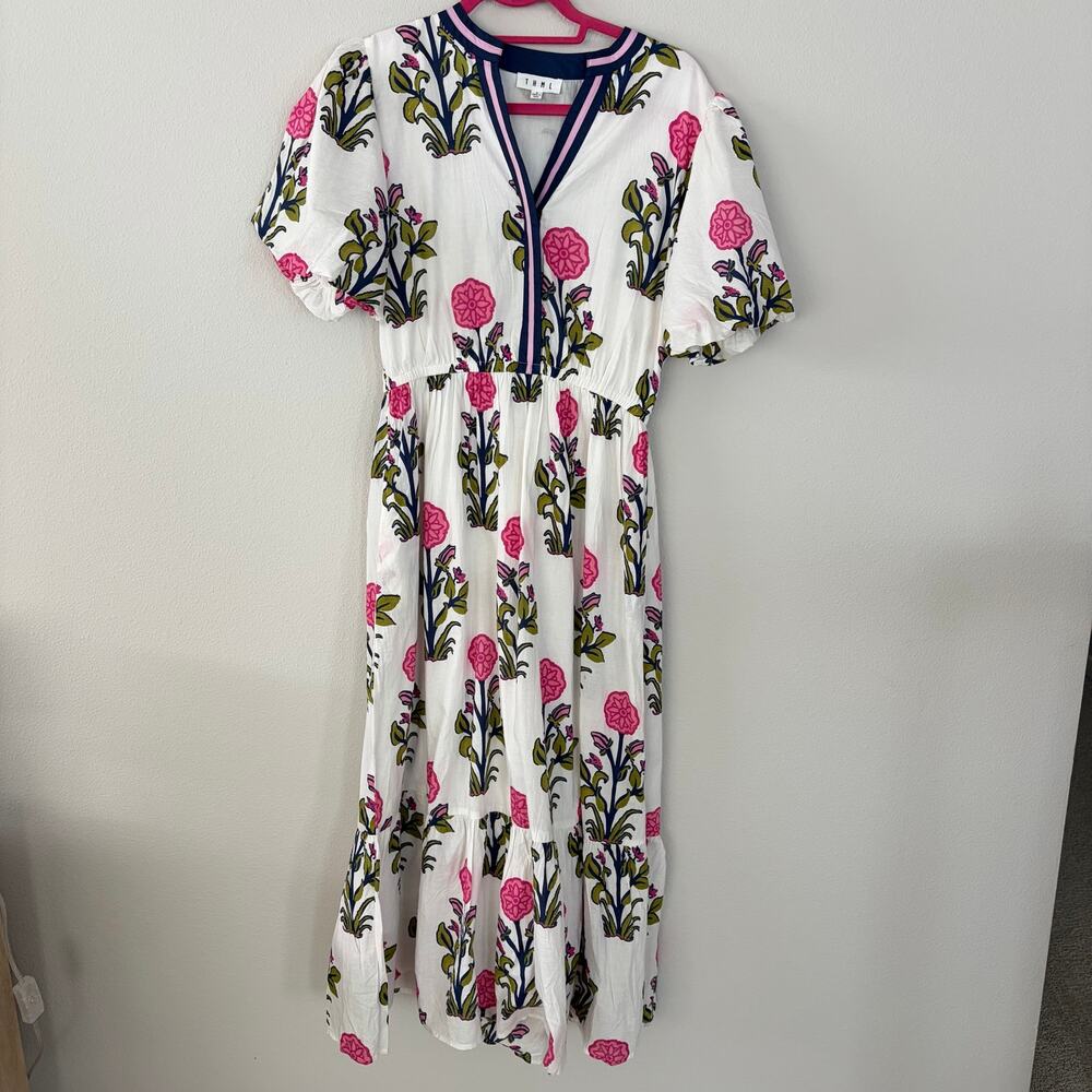 THML Floral Puff Sleeve Cotton Midi Maxi Dress (S) Pink